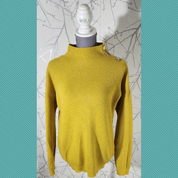 Melanie Lyne Yellow Ribbed Knit Embellished Mockneck Sweater - Picture 1 of 5
